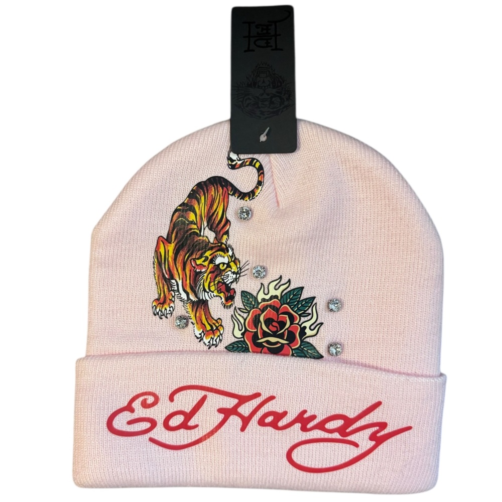 Ed Hardy Light Pink Beanie with Tiger and Rose